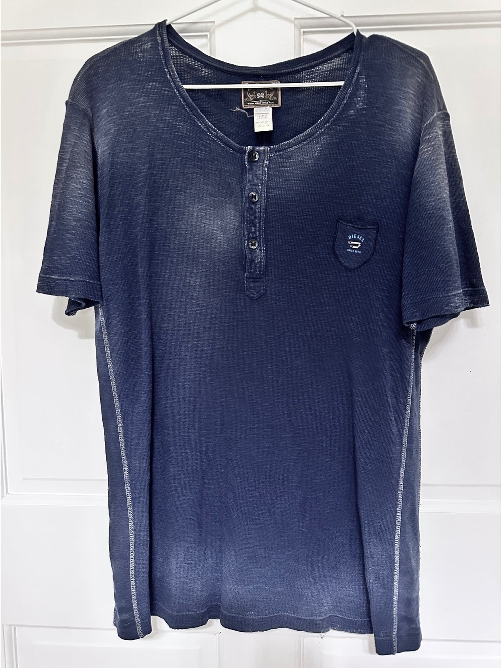Diesel Short-Sleeve Burnout-Wash Navy Blue Henley T-shirt Size M